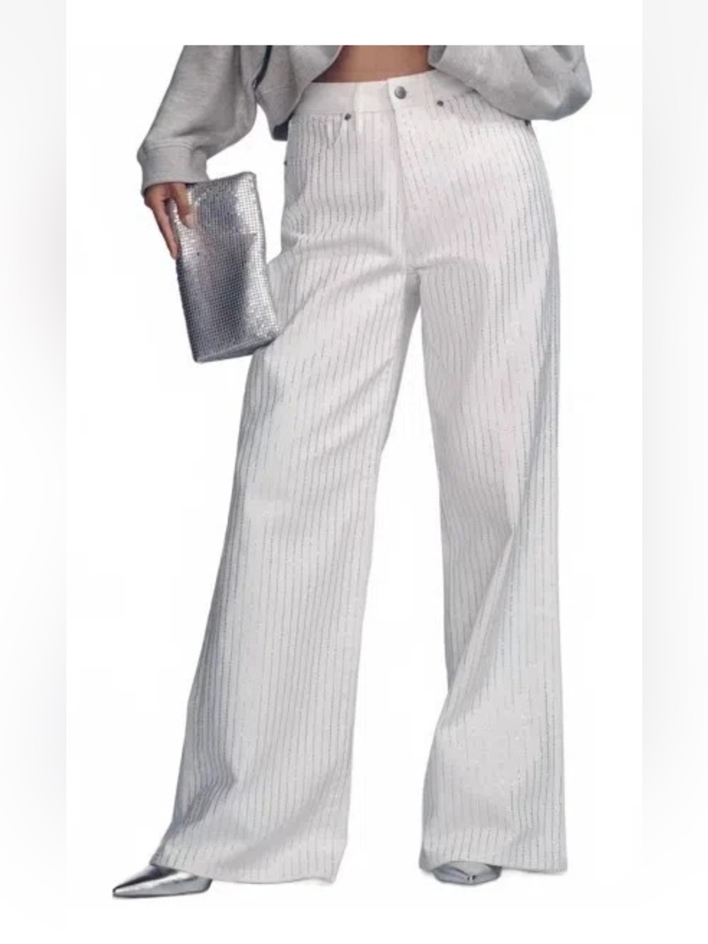 Good American Good Ease Rhinestone Pinstripe Wide Leg Jeans size white 6 & 4 NWT